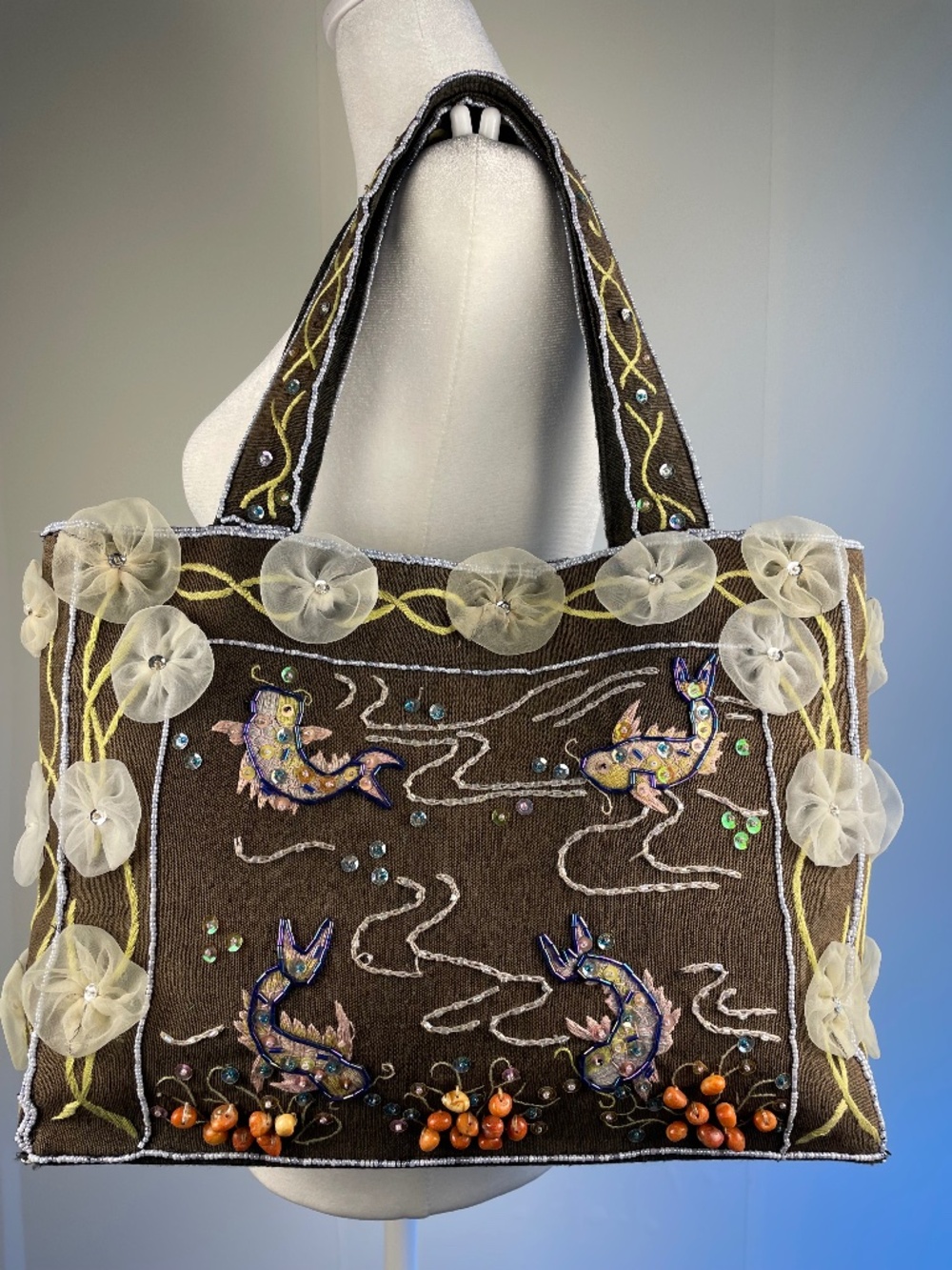 VTG IPA-NIMA Handmade Artisan Embroidered Beaded Koi Fish Tote Bag Art to Wear